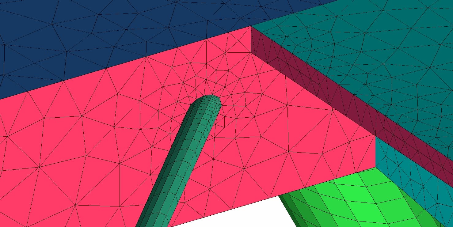 Close-up of the unstructured tetrahedral mesh where a V-strut meets a cross-girder