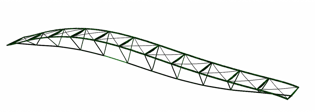 Animated second eigenmode of the bridge: vertical bending of the deck in perspective view