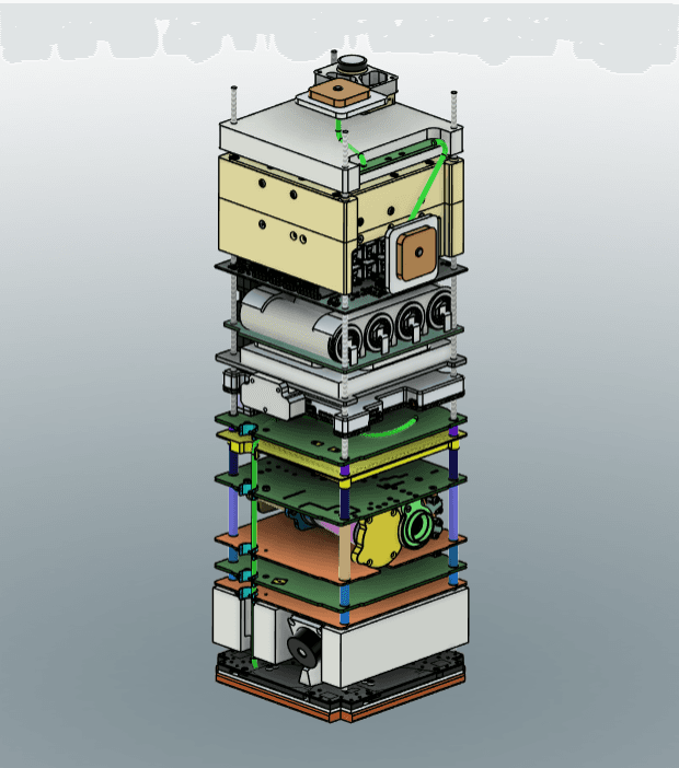 Exploded CAD view of the CHESS cubesat showing its stacked internal trays, boards and payload on an aluminium primary structure