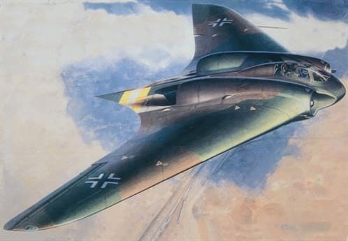Artwork of the jet-powered Horten Ho 229 flying wing in flight