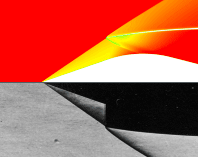 Overlay of CFD Mach contour (top) against a wind-tunnel schlieren image (bottom)