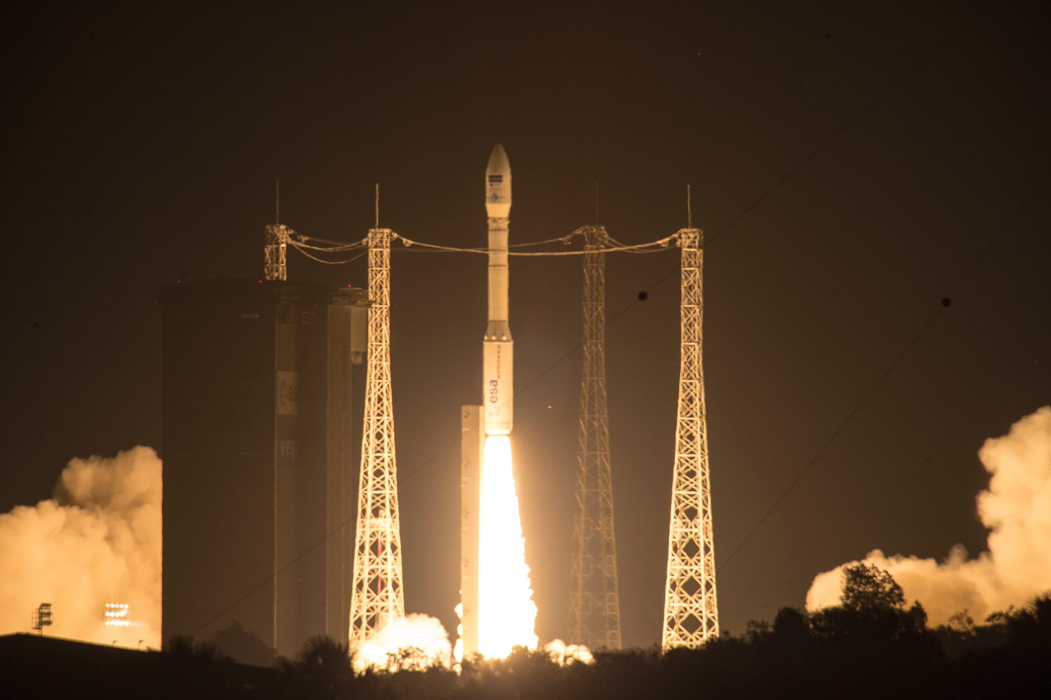 Sentinel-2 satellite launch on a Vega rocket at night