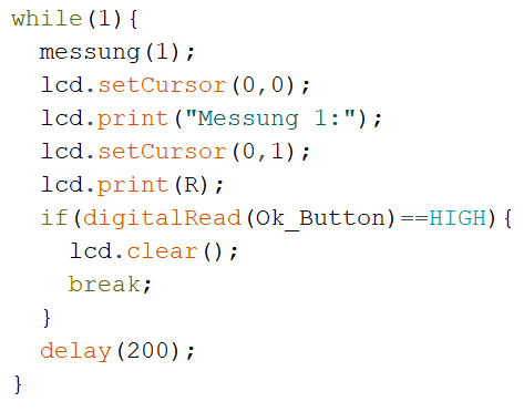 Arduino code excerpt of a single-step measurement loop with display output and OK-button check