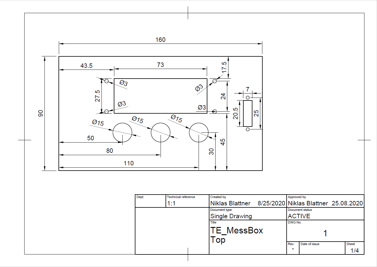 Technical drawing of the enclosure top panel with display and button cutouts