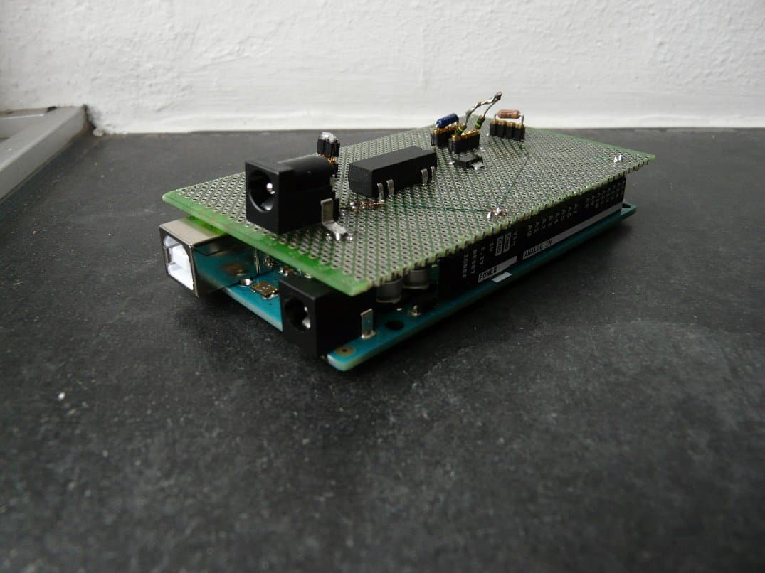 The perfboard prototype shield stacked on the Arduino Mega