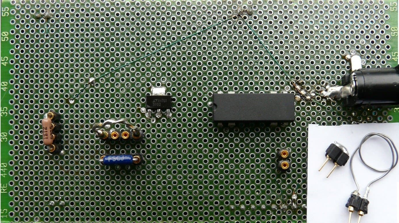 Top view of the prototype shield with current source, relay and jumper sockets
