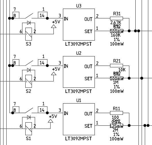 Schematic excerpt: three LT3092 constant-current sources with their programming resistors and switching relays