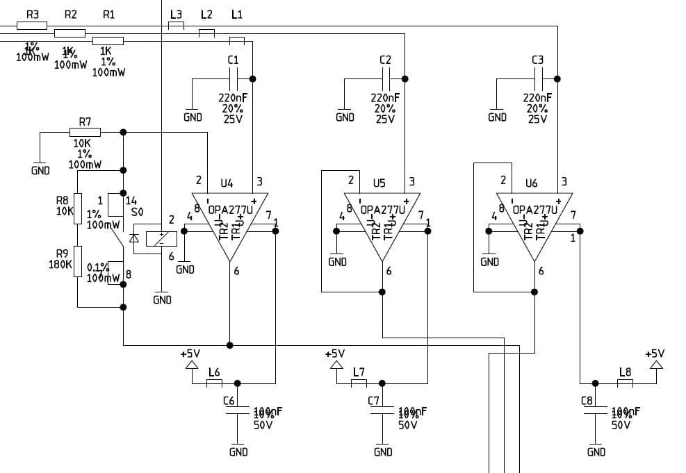 Schematic excerpt: OPA377 operational amplifier stages between measurement point and ADC