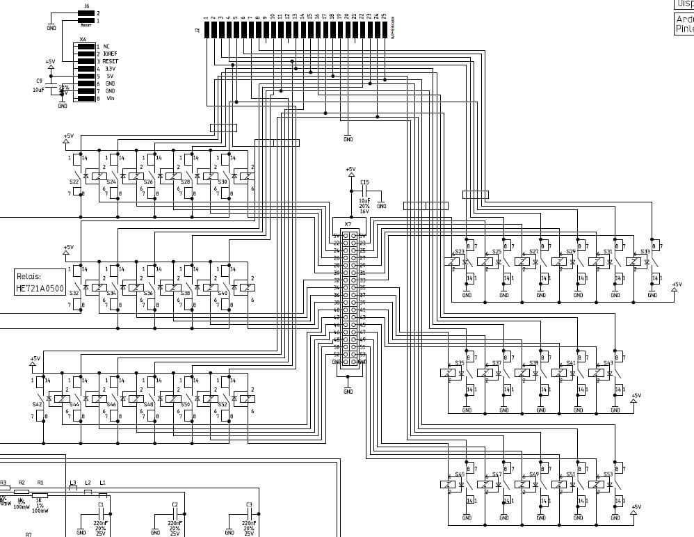 Schematic excerpt: the two 16-relay banks that route current source and ground to the 25-pin connector